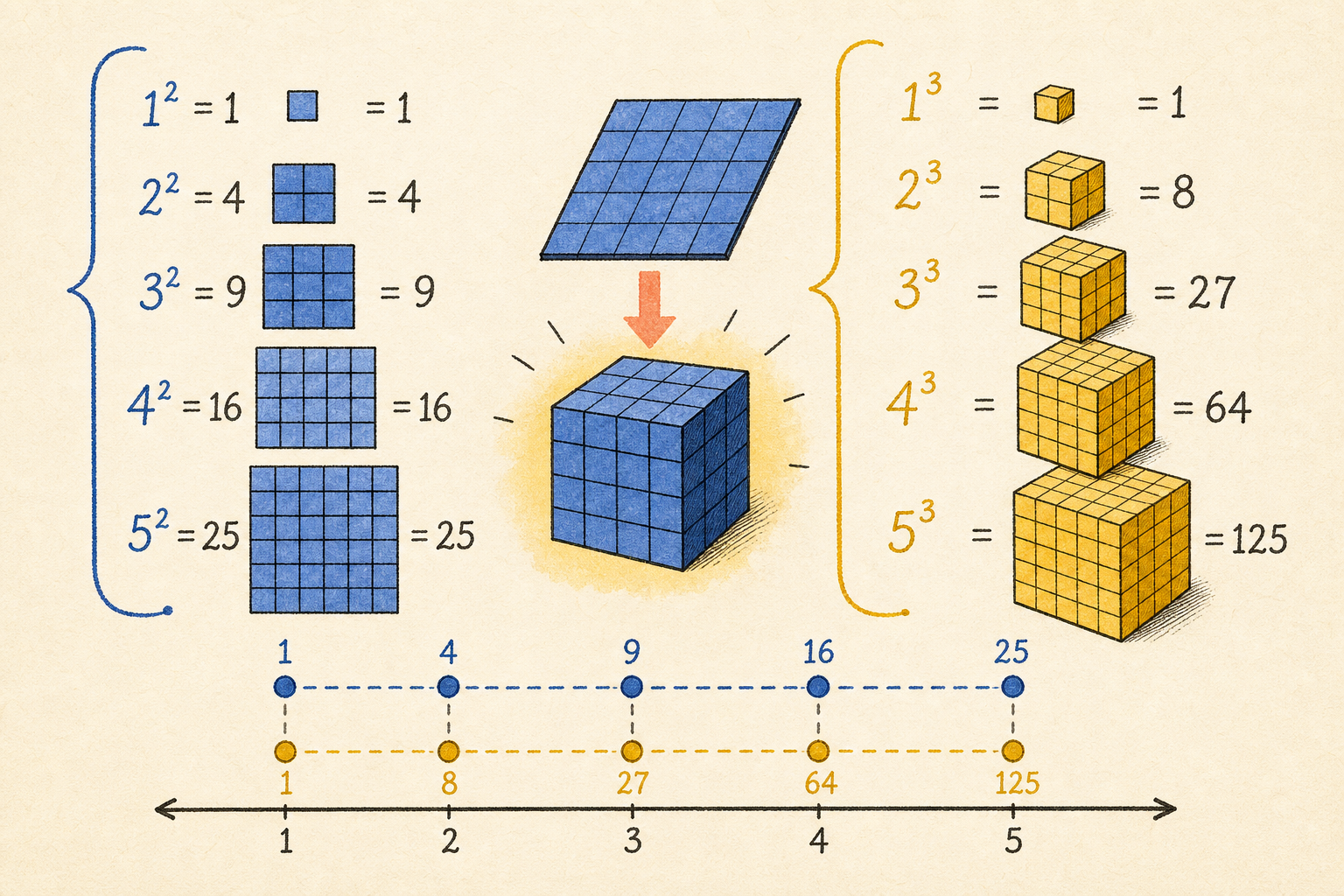 Editorial math illustration for Practice Problems - Understanding Square and Cube Numbers