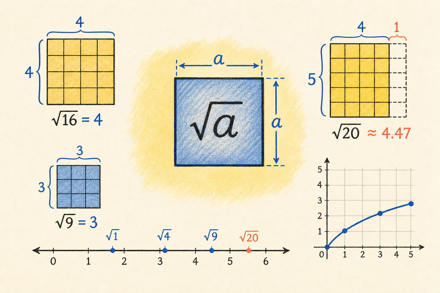 Editorial math illustration for Practice Problems - Square Roots