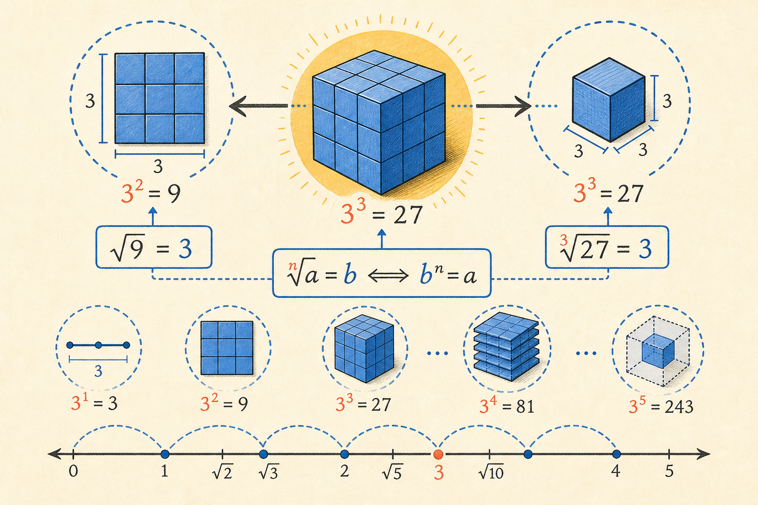 Editorial math illustration for What Does Square Roots, Cube Roots, and Higher Roots Really Mean?