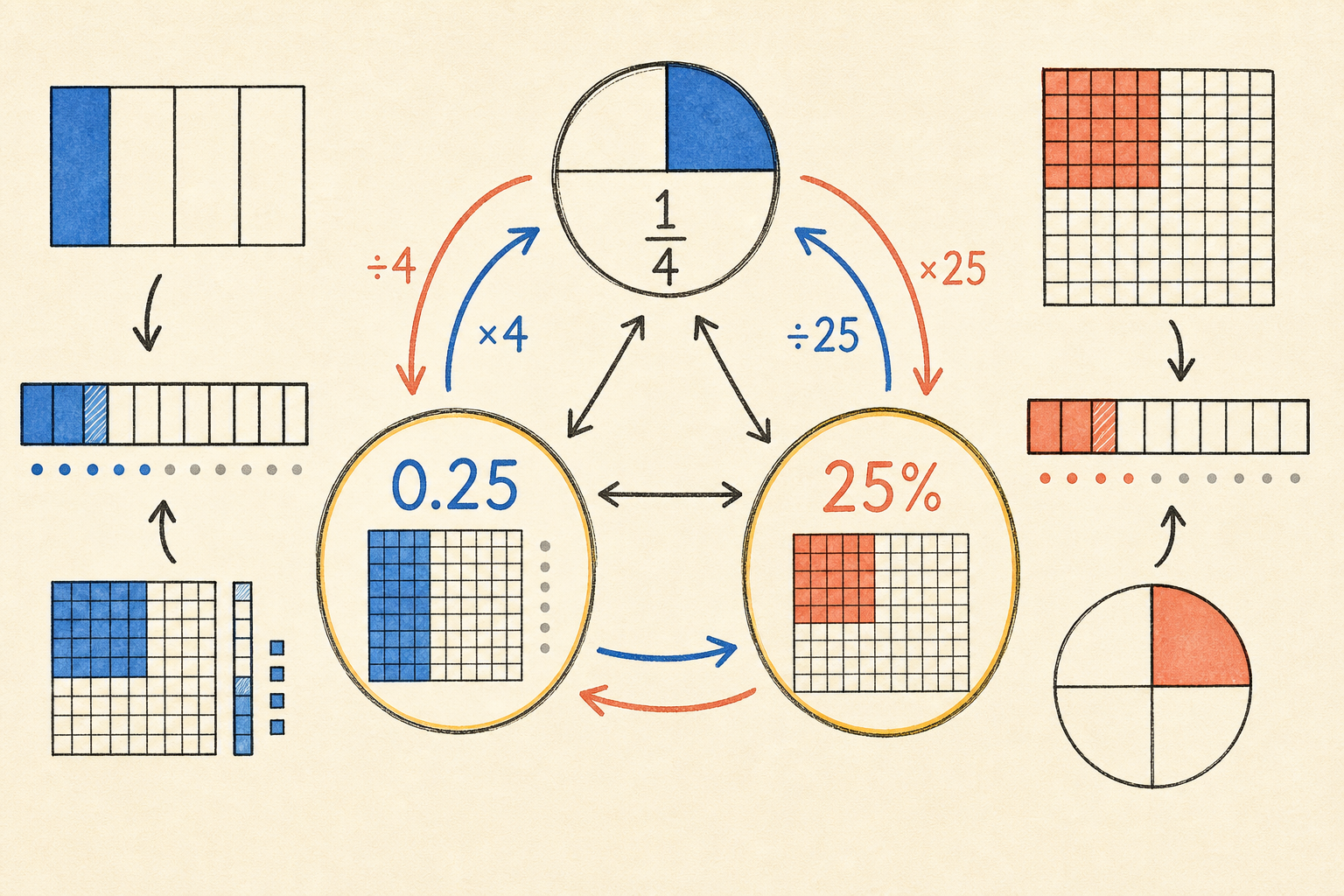 Editorial math illustration for Converting Fractions, Decimals, and Percents