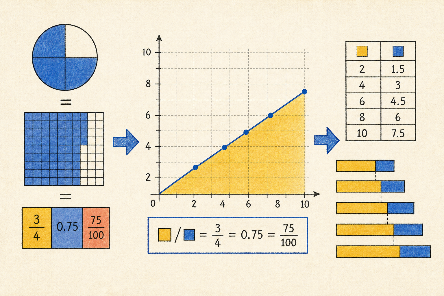 Editorial math illustration for Fractions, Decimals, and Proportional Relationships