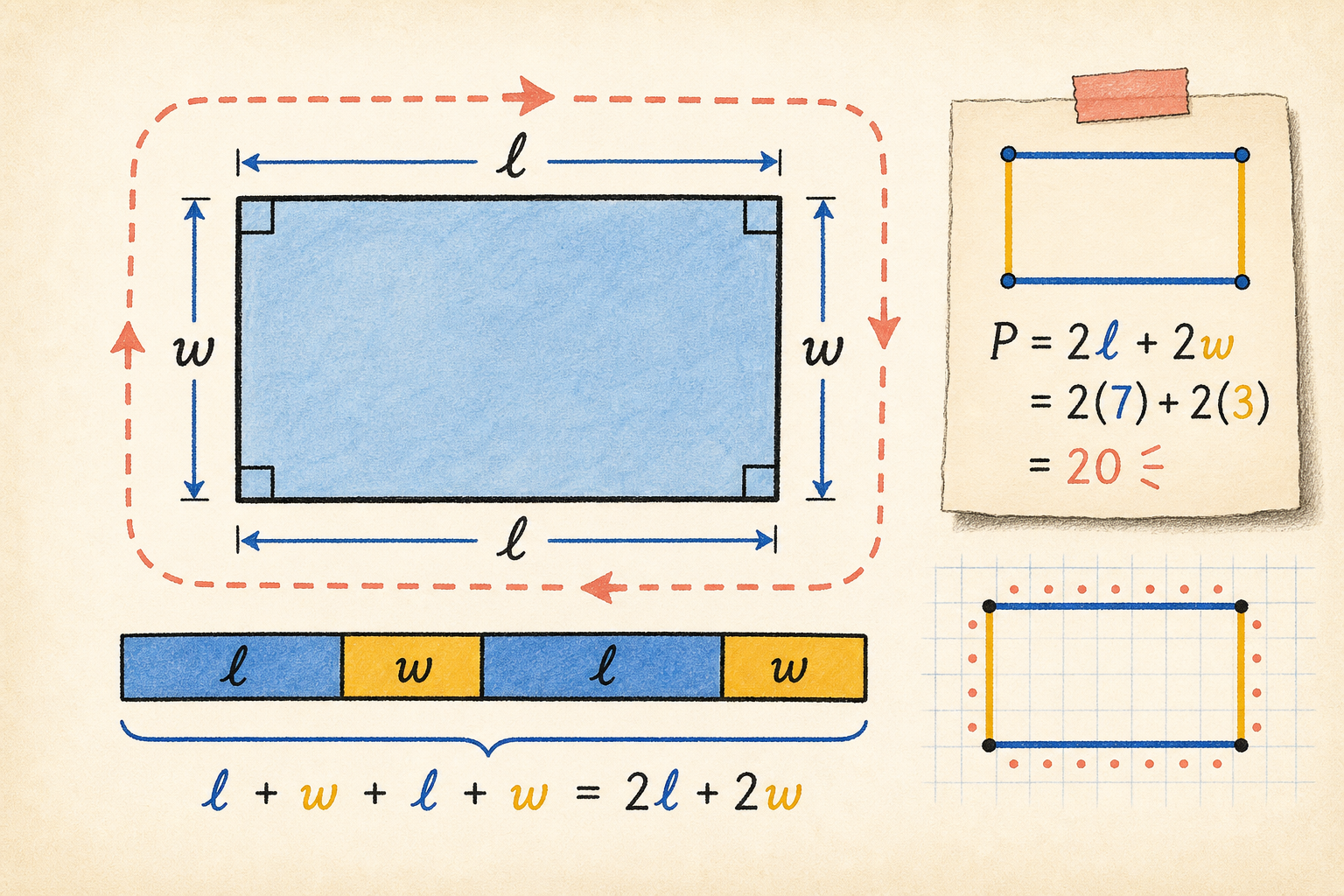 Editorial math illustration for Rectangles and Squares - Find the Perimeter