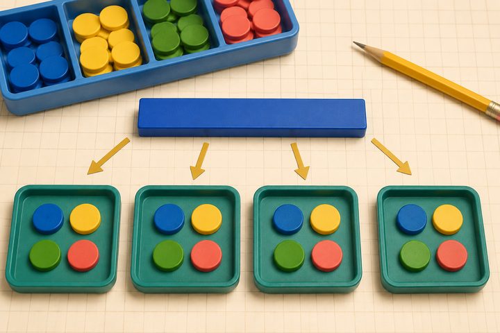 Colorful counters divided evenly into equal groups