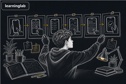 Dark-mode line-art illustration for LAB - Storyboarding