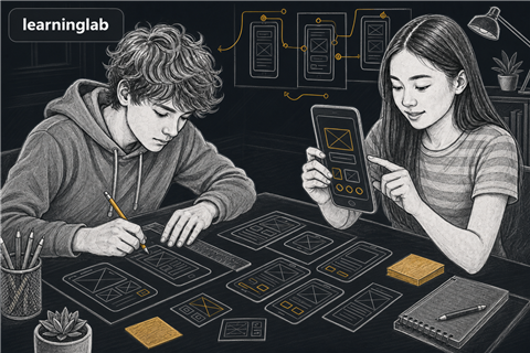 Dark-mode line-art illustration for LAB - Wireframing an App UI