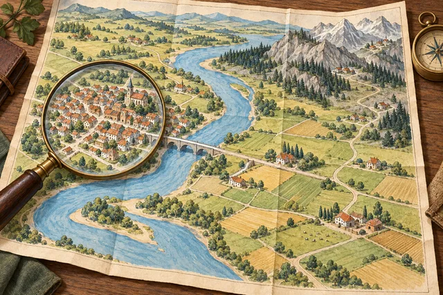 Watercolor map showing a clustered riverside town, scattered farms, and mountain settlements