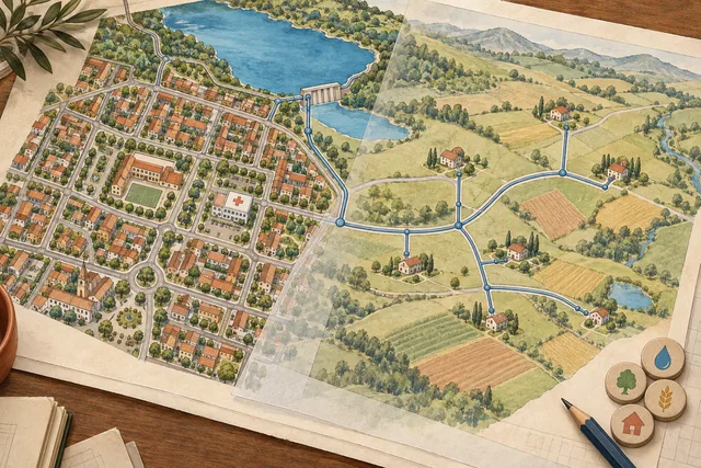 Watercolor planning map connecting urban and rural homes with a school, clinic, reservoir, and water network