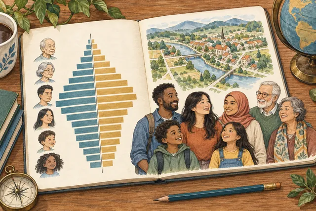 Ink-and-watercolor illustration of a population pyramid, town map, and people of different ages
