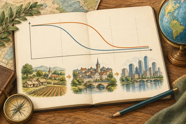 Ink-and-watercolor illustration of demographic transition curves and settlements changing from village to city