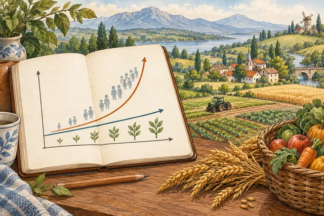 Ink-and-watercolor illustration of population and food-supply curves, crop fields, and agricultural technology