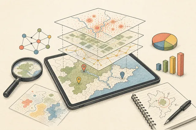 Line-art illustration of a geographic-data lab with map overlays, location pins, and charts