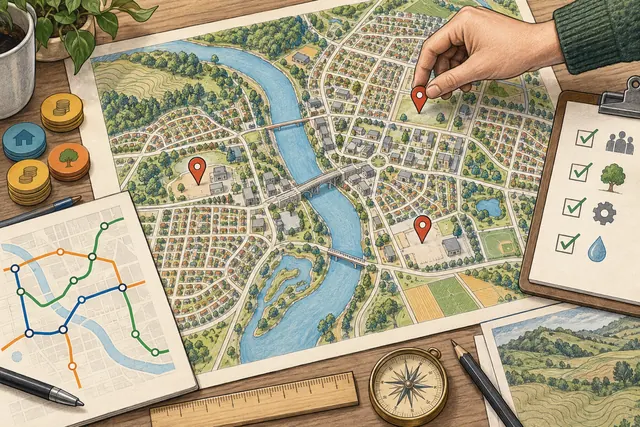 Illustrated map, transit route, and budget tokens for hands-on geographic decision challenges