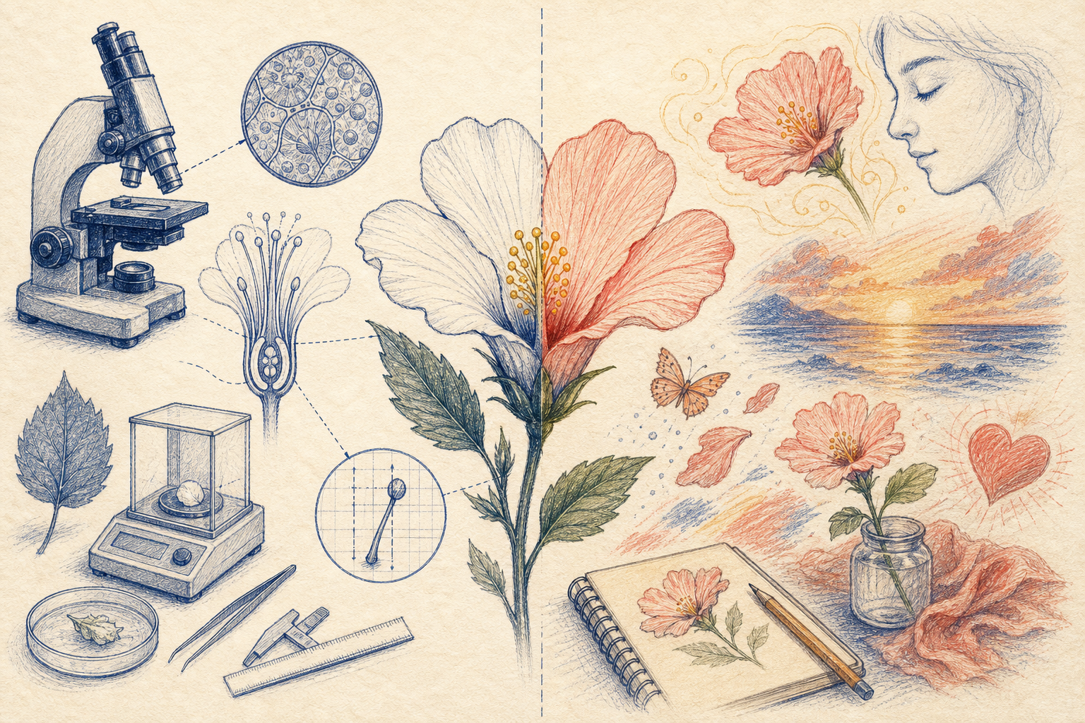 Editorial line art comparing measurable observation with personal interpretation