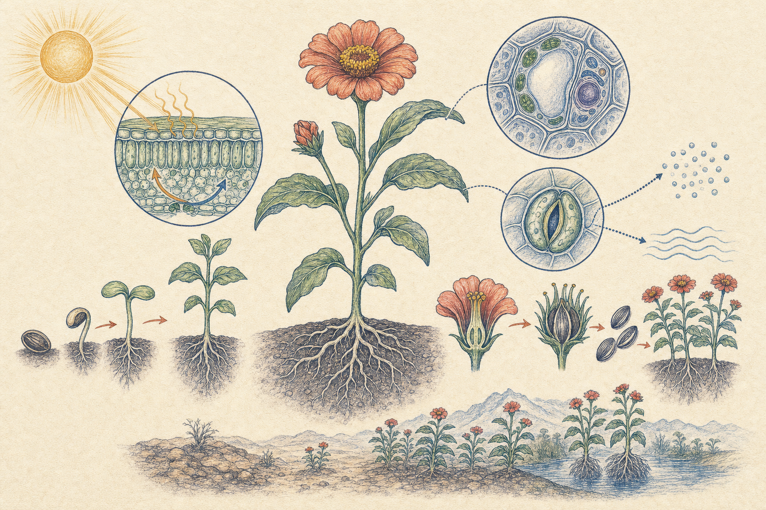 Editorial line art of the shared characteristics of living things