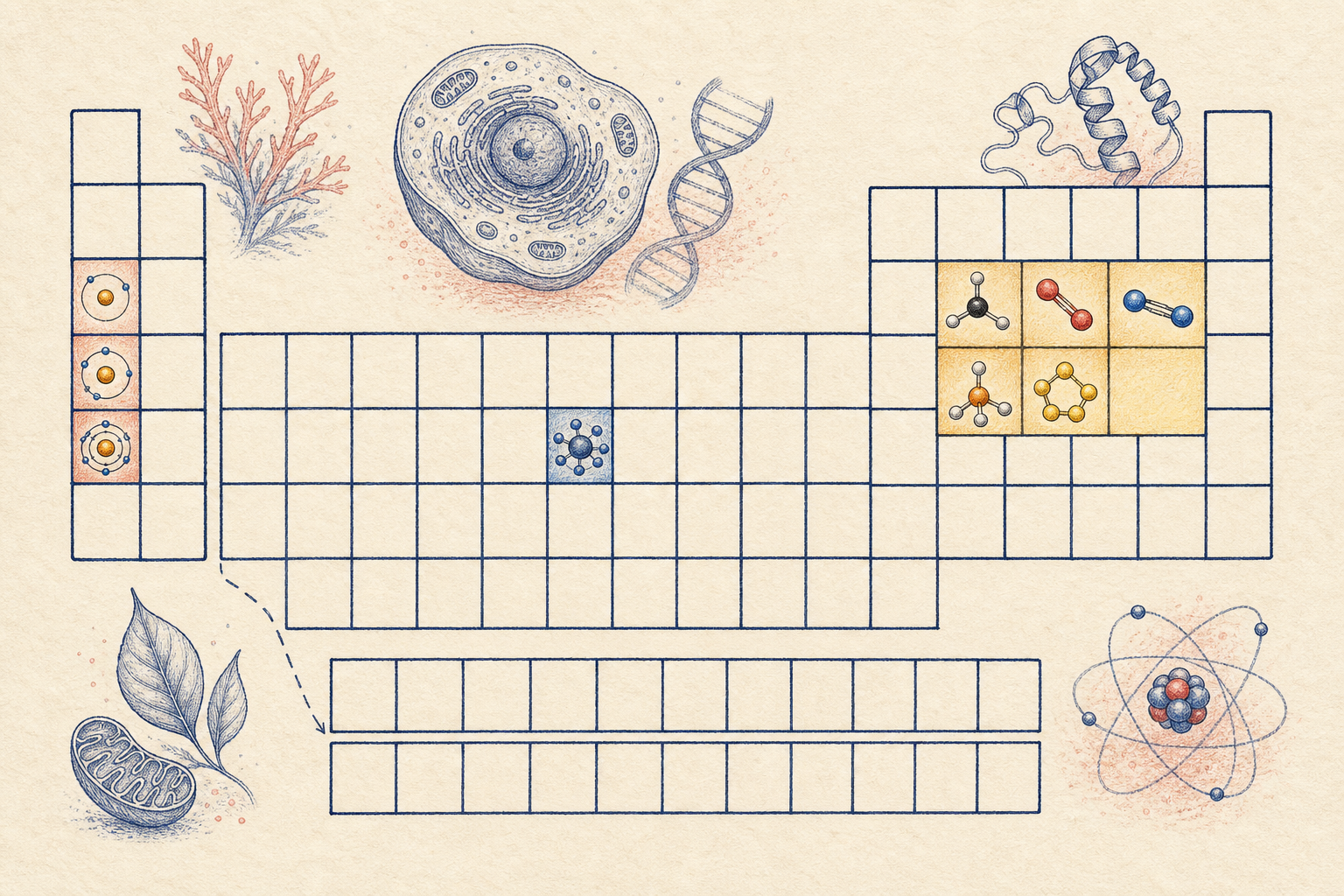 Editorial line art of the periodic table and biologically important elements