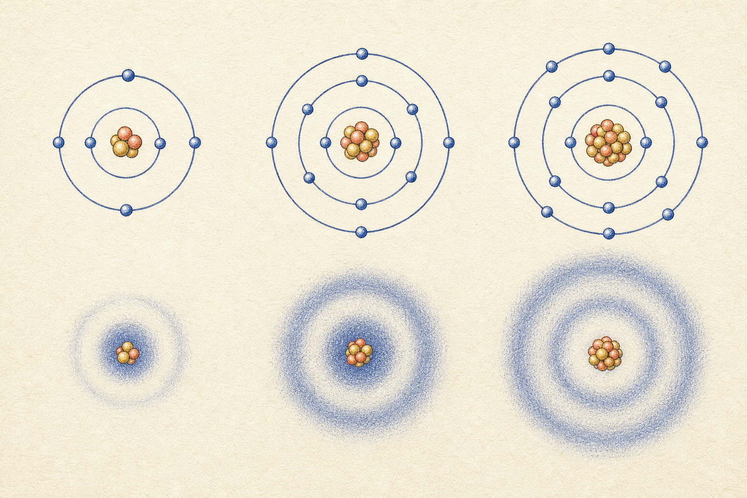 Editorial line art comparing shell models with electron probability regions