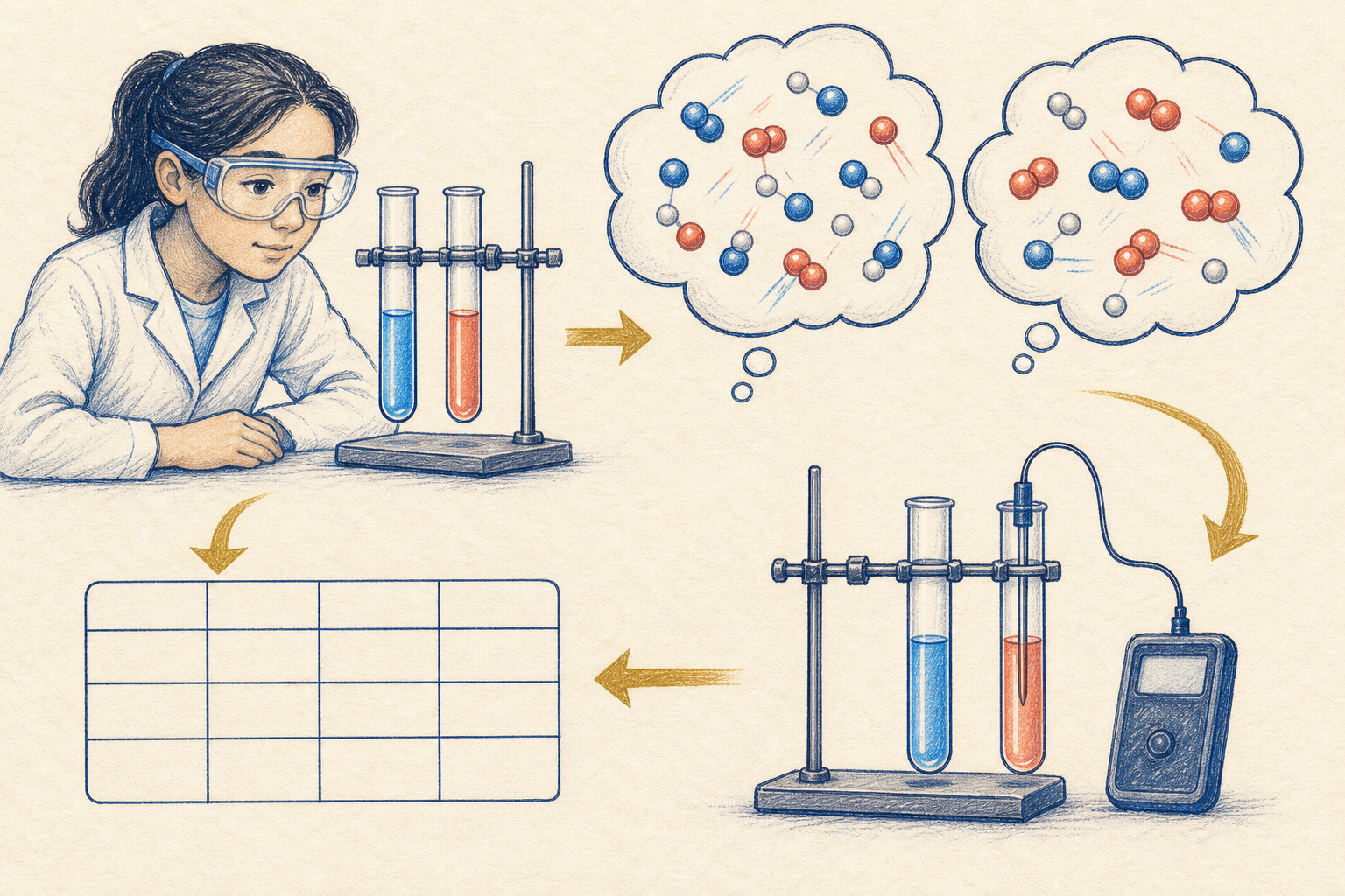 Editorial line art of chemical observation, competing models, and controlled testing