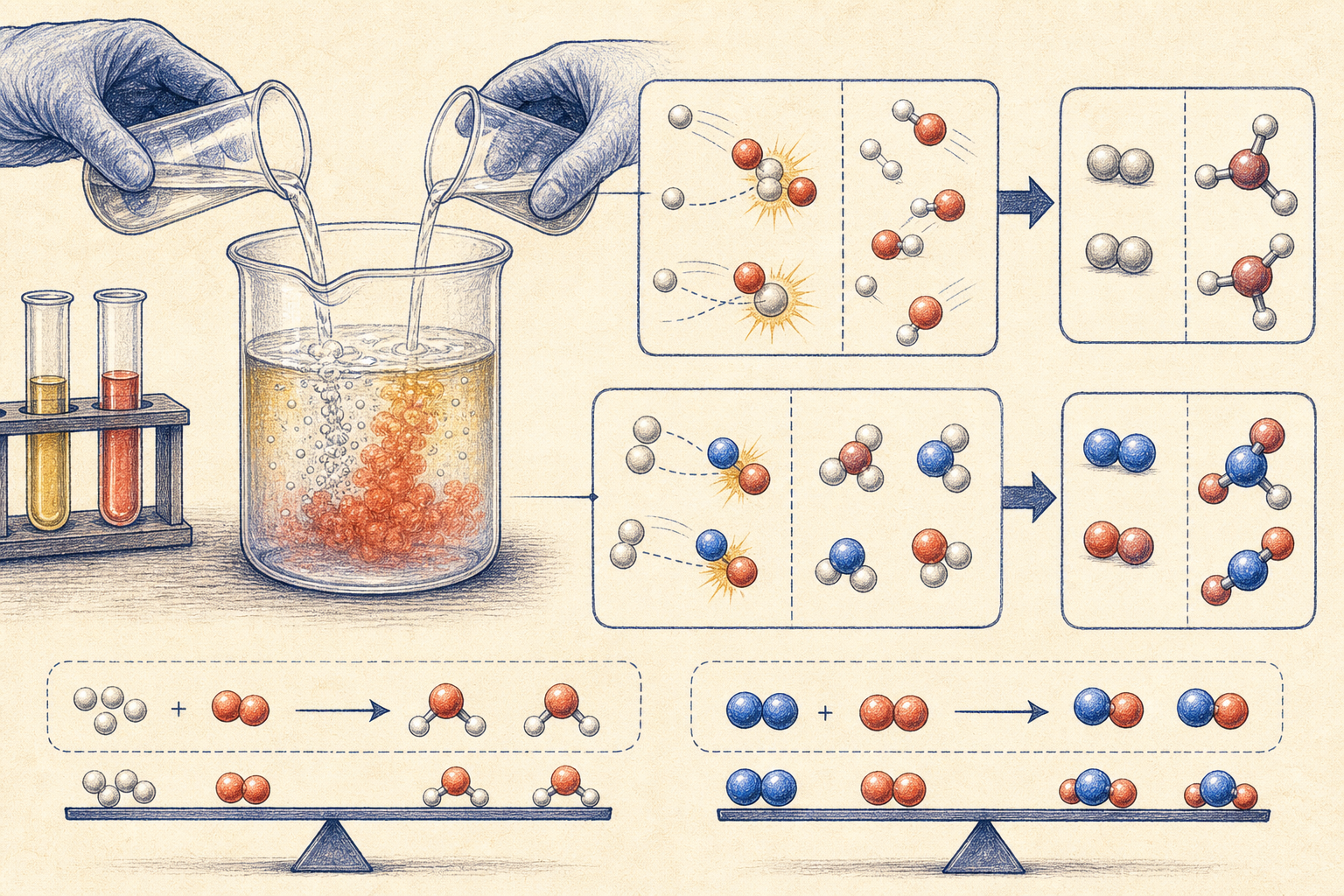 Editorial line art connecting a chemical investigation with particle models
