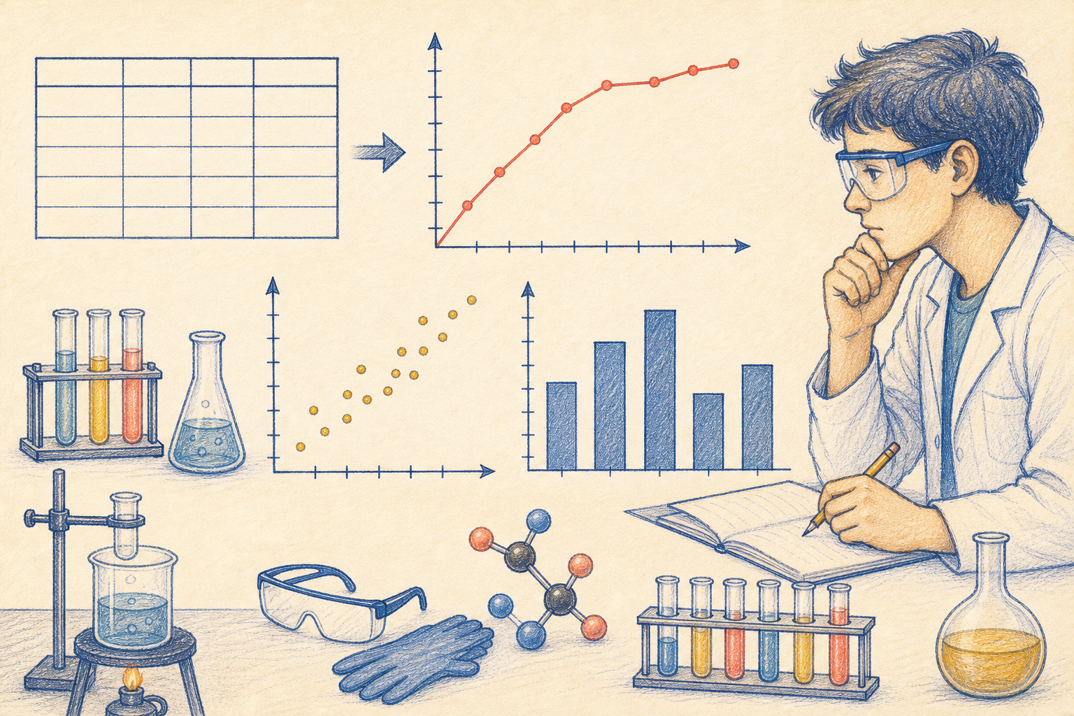 Editorial line art of tables, line graphs, scatter plots, and bar charts
